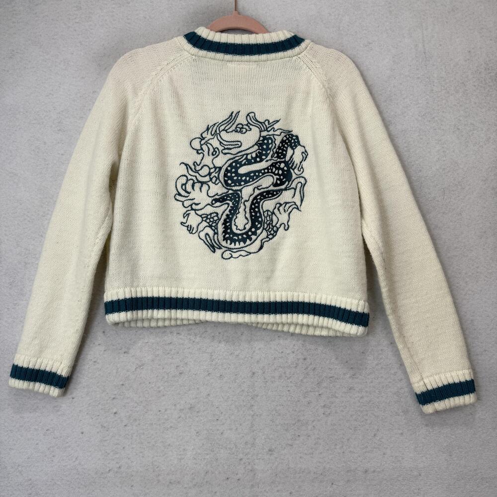 ModCloth Cardigan Sweater Womens XL White Dragon Graphic Button Front Knit